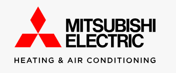 Mitsubishi Electric logo with text reading "Mitsubishi Electric Heating & Air Conditioning" below it, featuring a red three-diamond emblem.